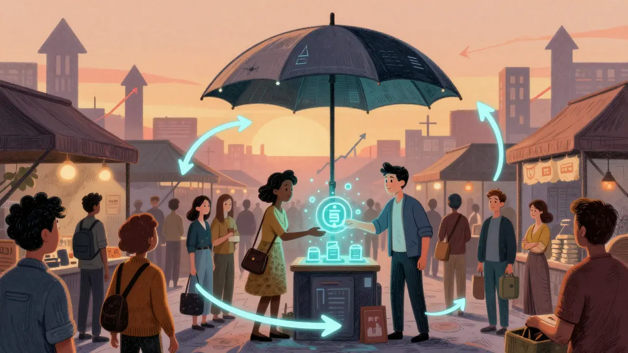 Marketplace scene with token flow under protective cover