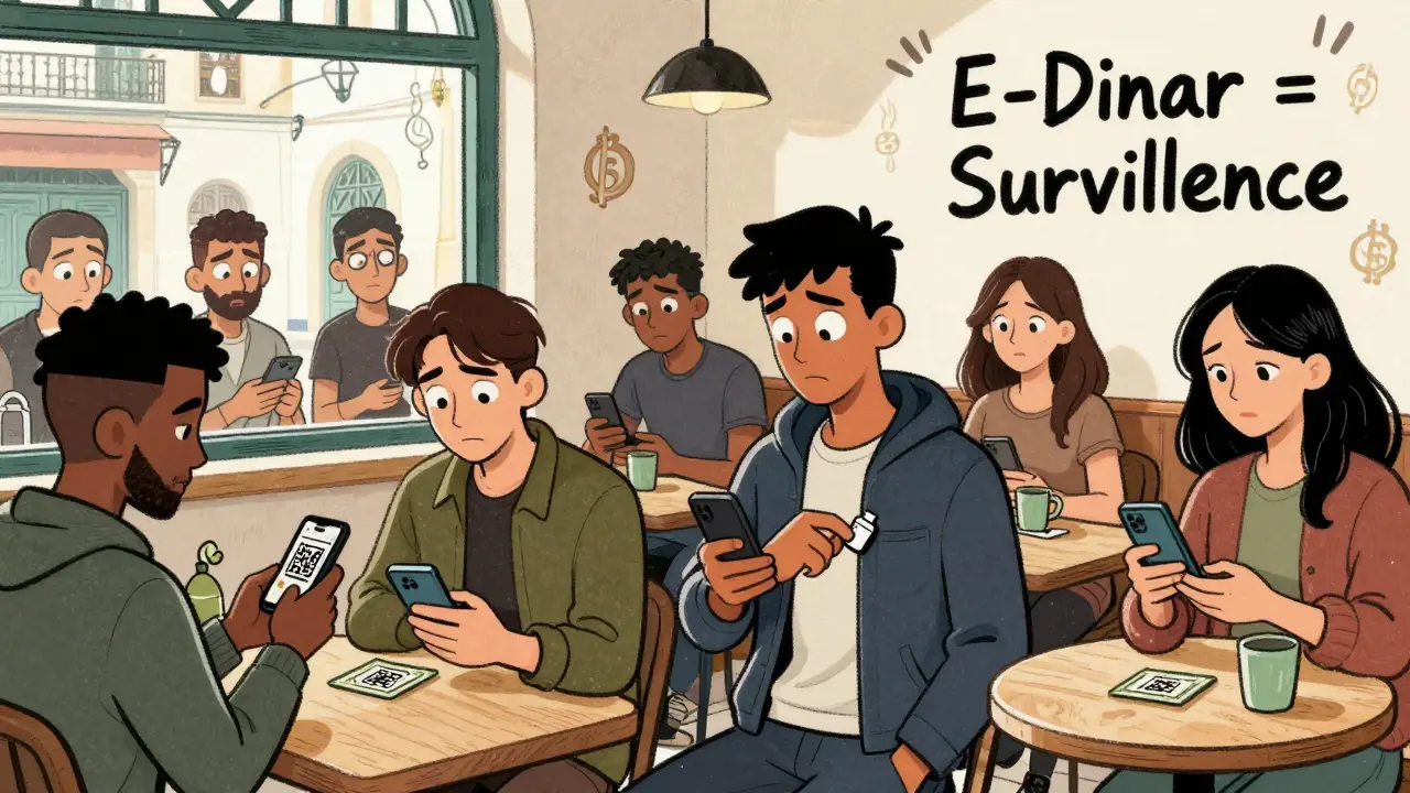 People in a Tunis cafe secretly trading cash for crypto via QR codes under watchful eyes.