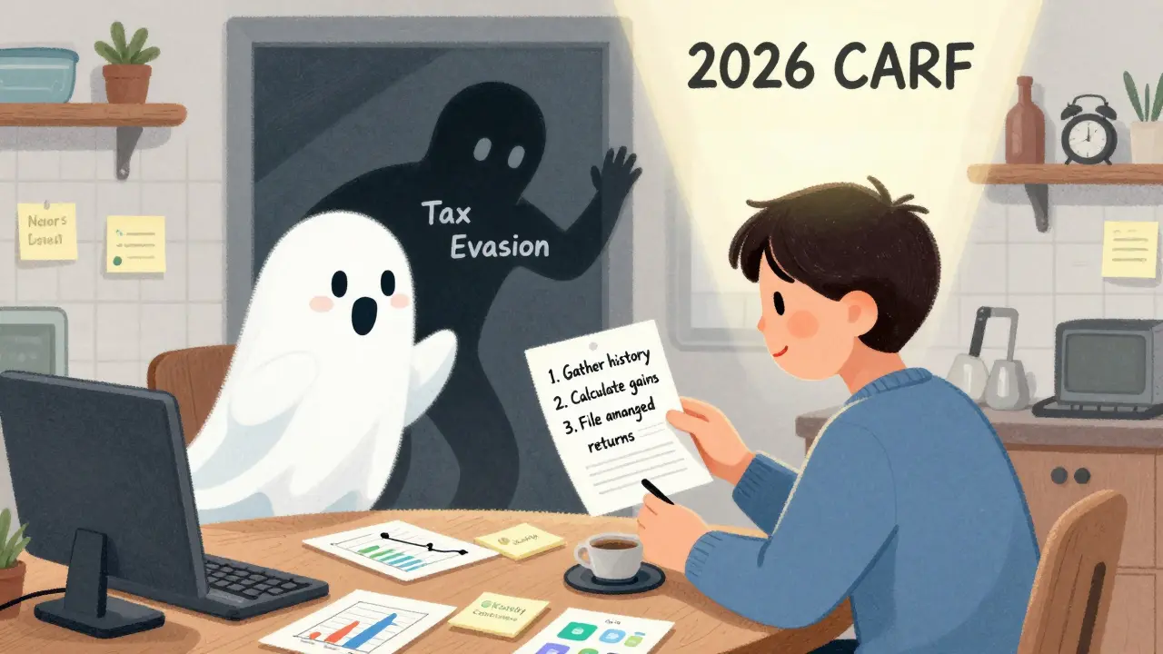 Person organizing crypto records with tax apps while a helpful advisor ghost guides them, dark shadow of tax evasion fading.