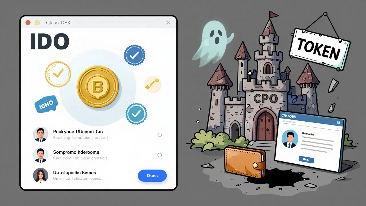 Side-by-side comparison: legitimate crypto IDO on left, chaotic scam site with no verifiable details on right.