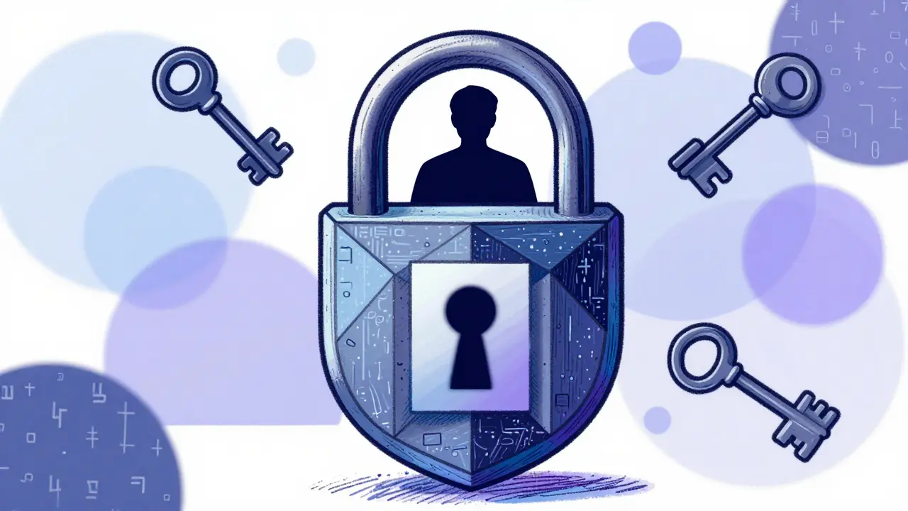 Silhouetted voter behind a geometric shield representing encrypted privacy protocols.