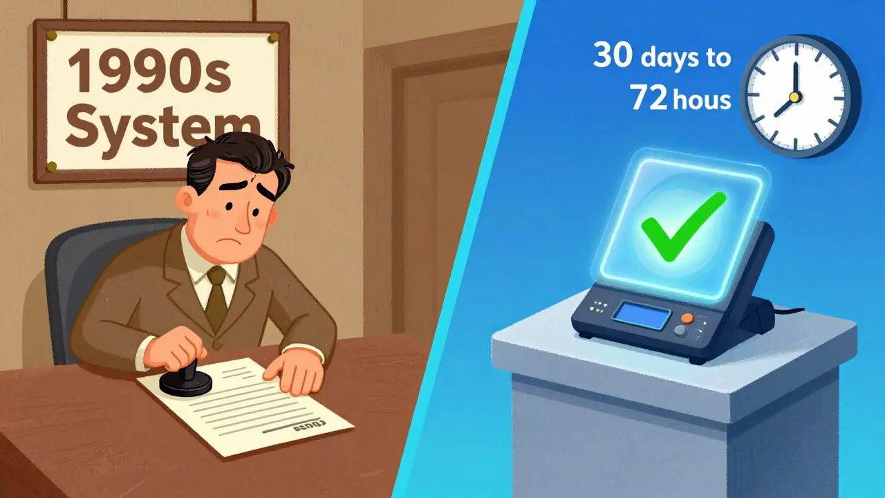 Split scene: old paper deed vs. digital blockchain deed being instantly verified by a futuristic recorder.