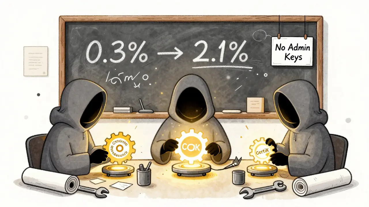 Three anonymous figures repairing smart contract gears labeled with audit names, in a quiet workshop lit by golden light.