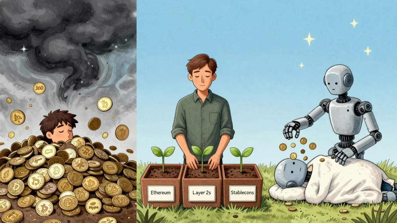 Three investors: one overwhelmed by hype coins, one tending a balanced crypto garden, and one sleeping as a robot rebalances — illustrating smart portfolio habits.
