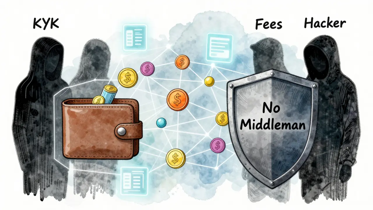 Tokens flowing directly between wallets with blocked figures of KYC and fees, representing privacy and no middlemen.