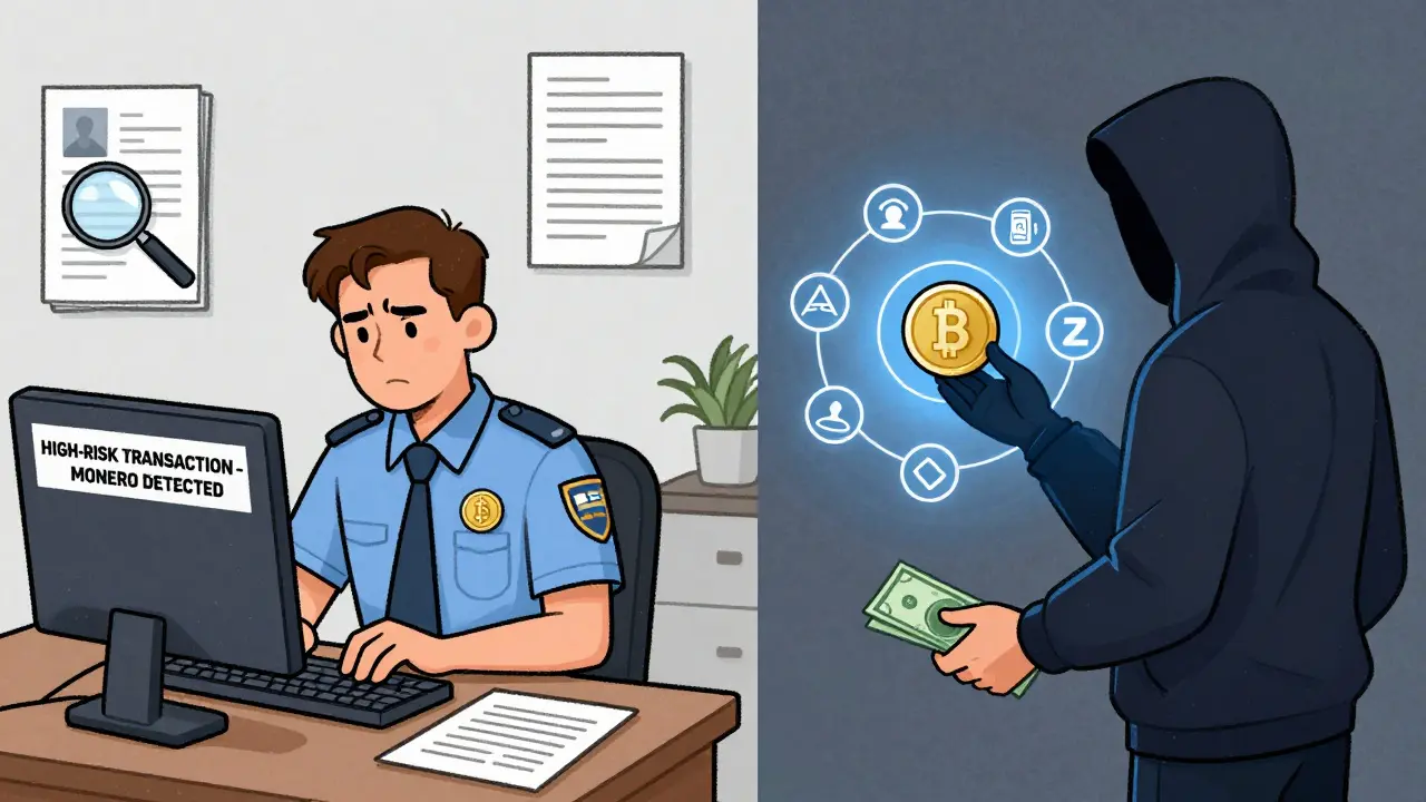 U.S. compliance officer monitoring a high-risk Monero transaction while a user sends crypto peer-to-peer.