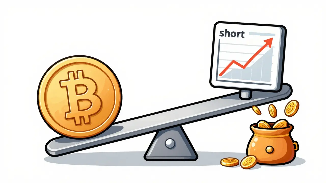 A balanced seesaw with Bitcoin and a trading chart illustrating delta-neutral hedging.