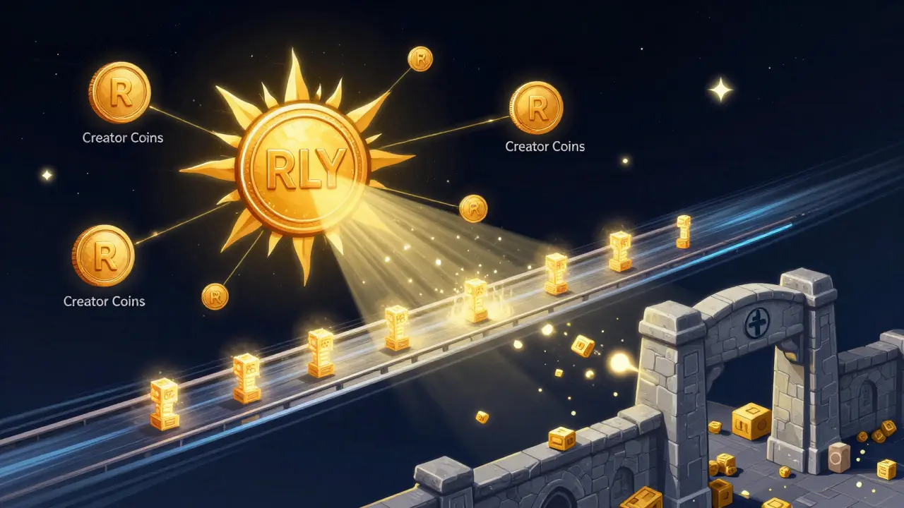 A central RLY coin connecting to various creator coins via a fast digital sidechain.