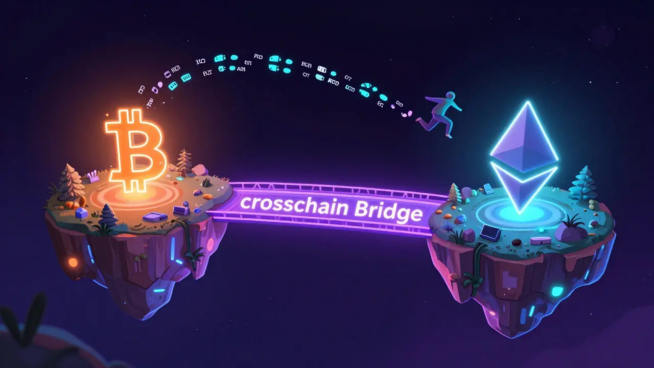 A character jumping across a neon bridge between Bitcoin and Ethereum islands.