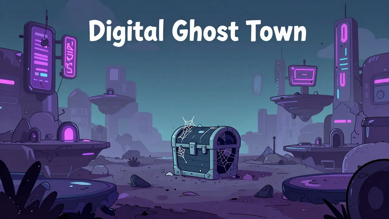 A desolate digital landscape with a dusty, abandoned NFT chest