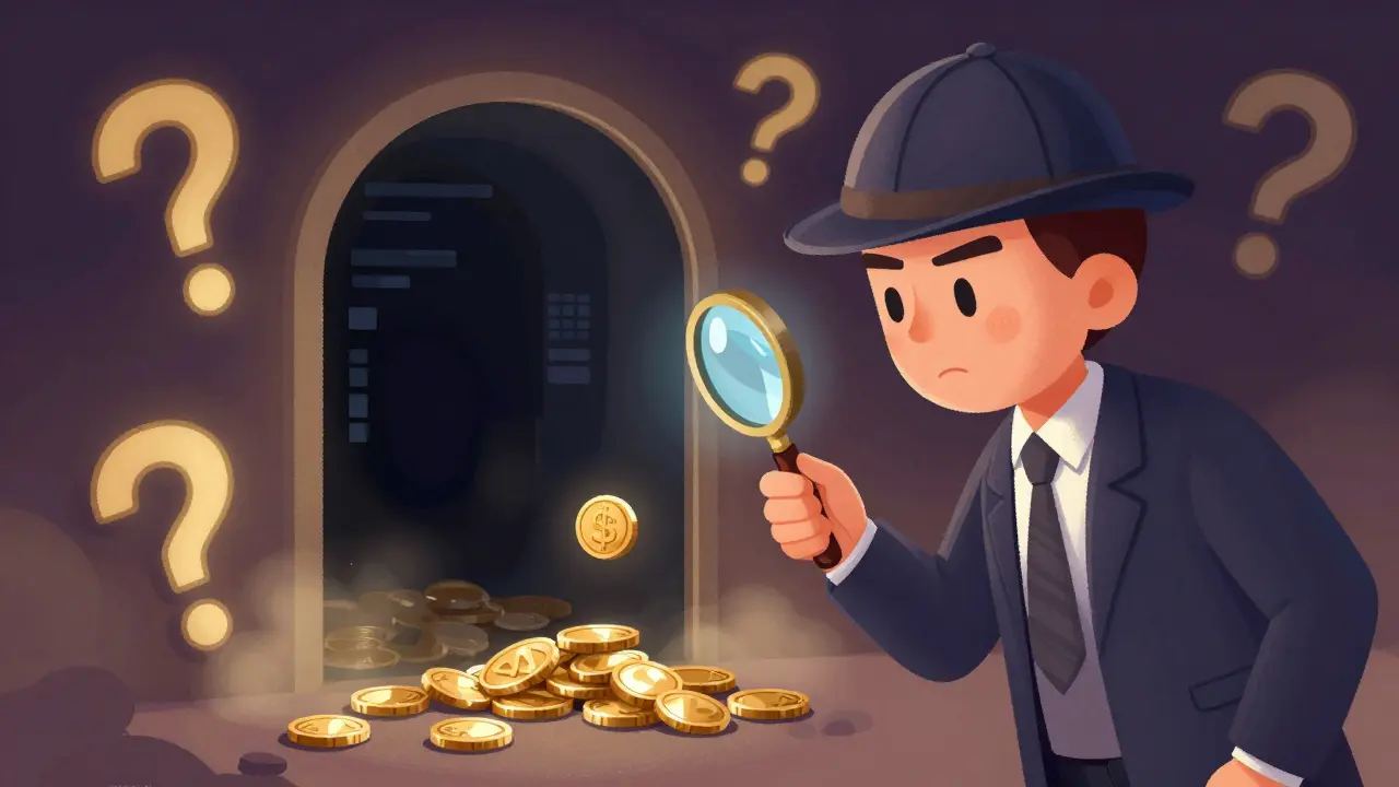 A detective-like trader carefully testing a mysterious digital portal with one coin.