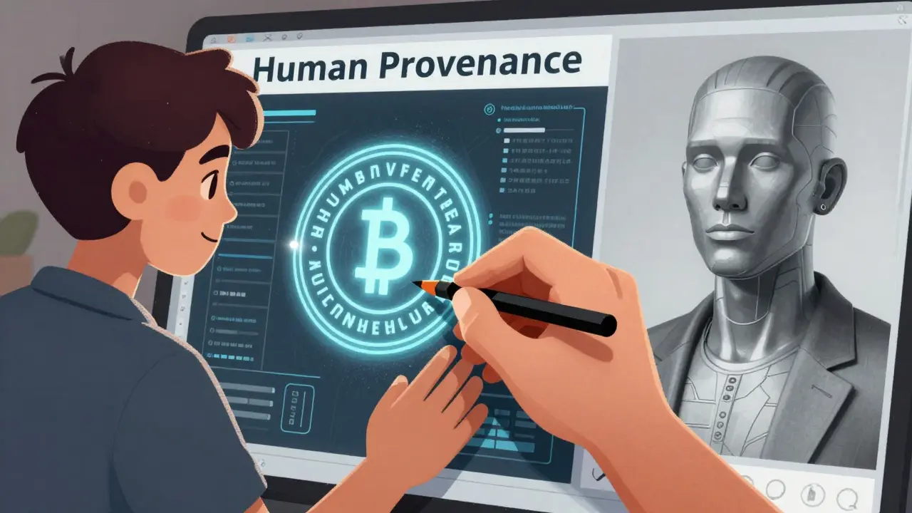 A digital artist applying a holographic blockchain seal of authenticity to their work.