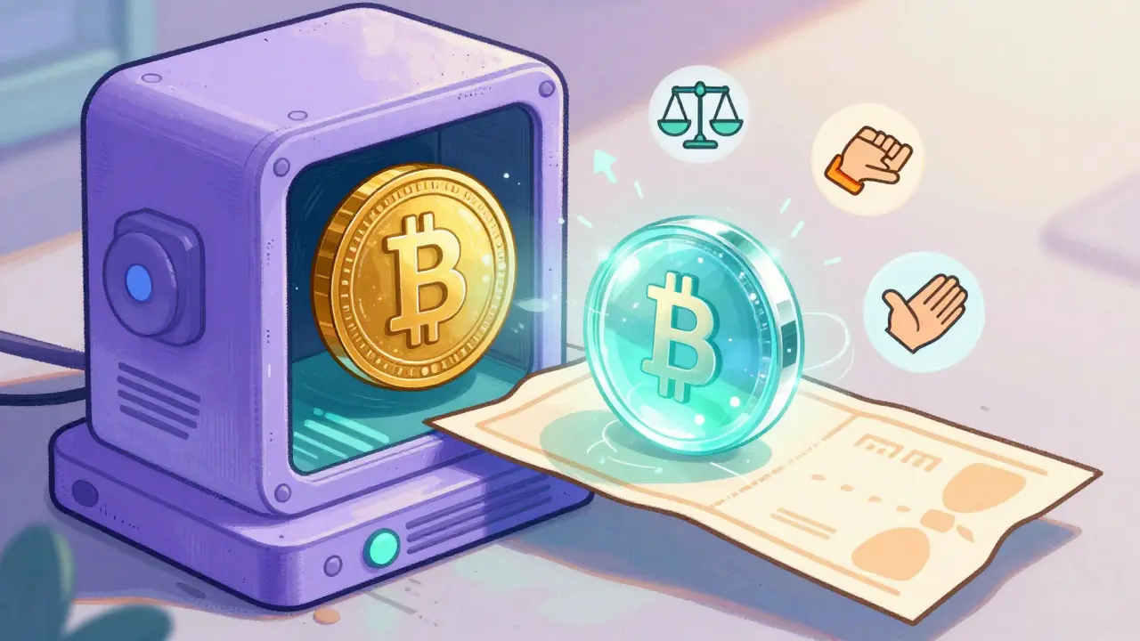 A digital machine transforming a crypto coin into a versatile liquid staking token with DeFi icons.