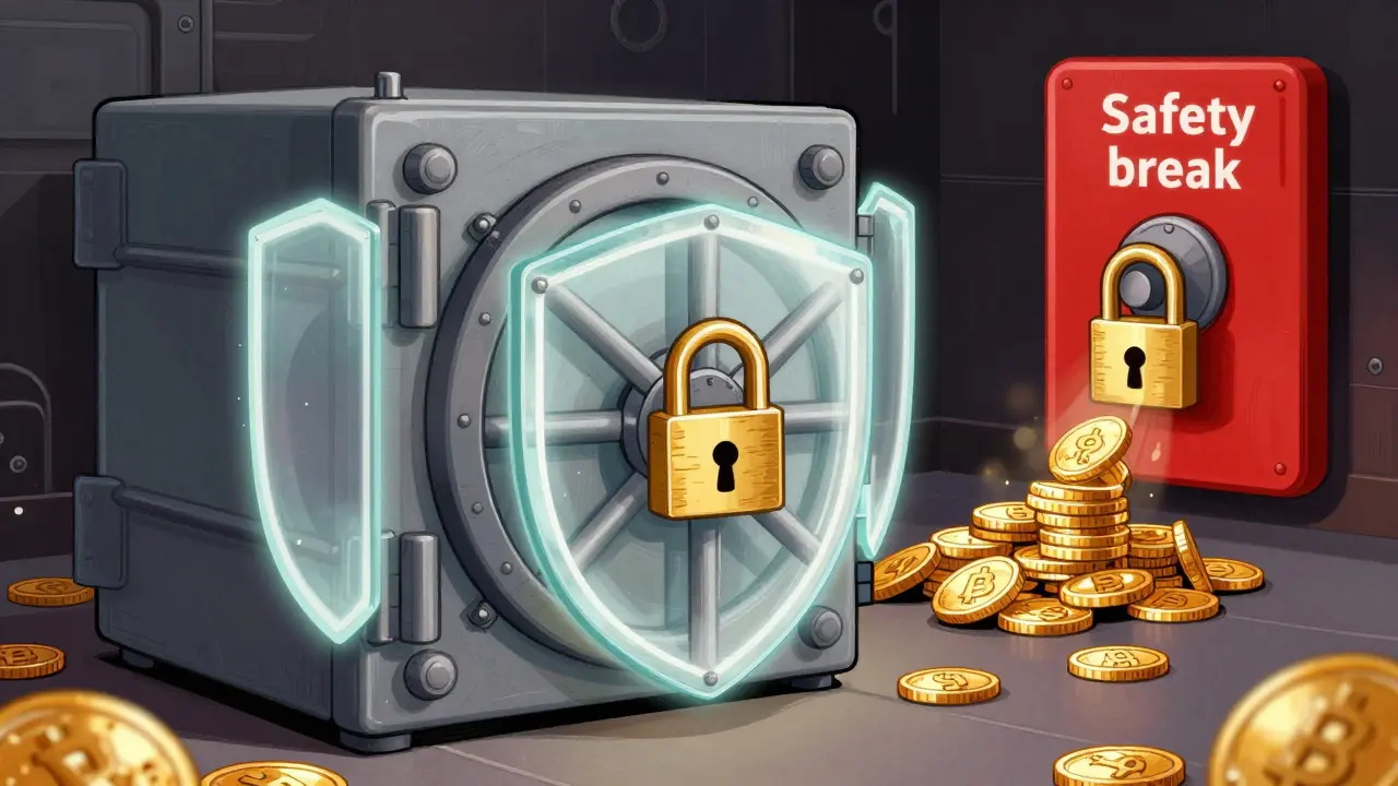 A digital vault protected by multiple glowing shields and golden locks.