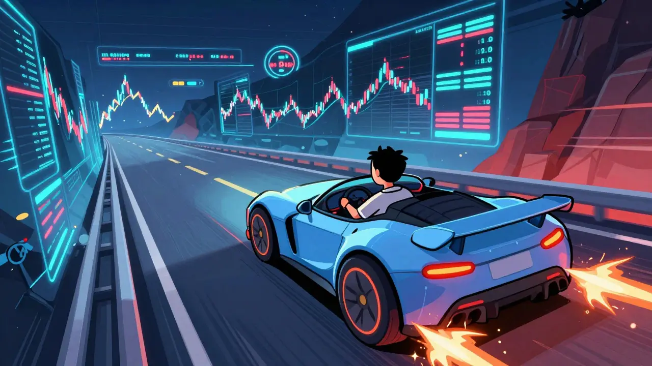 A driver in a car without brakes speeding along a digital crypto price chart highway.