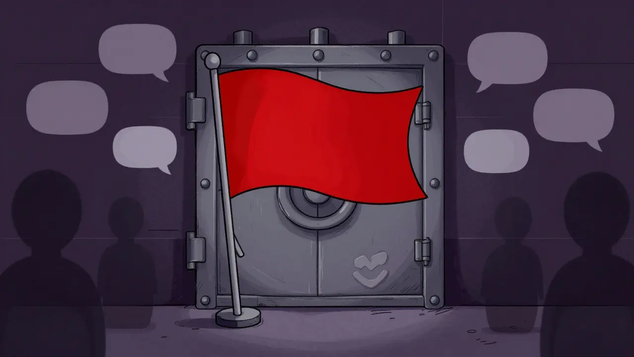 A giant red warning flag standing in front of a locked digital vault with empty user silhouettes.