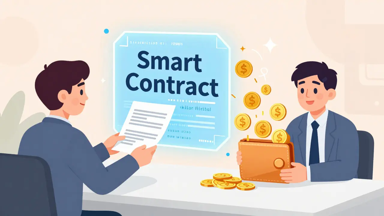 A glowing smart contract automating an instant payment between a writer and a client.