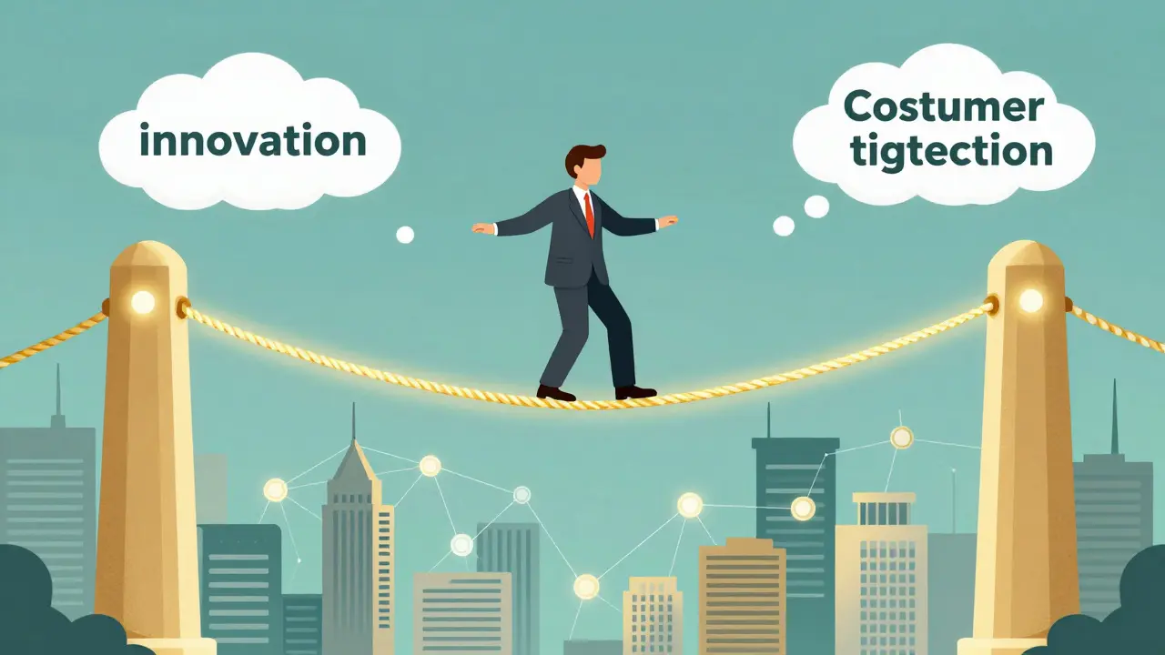 A government official balancing on a golden rope between innovation and regulation.