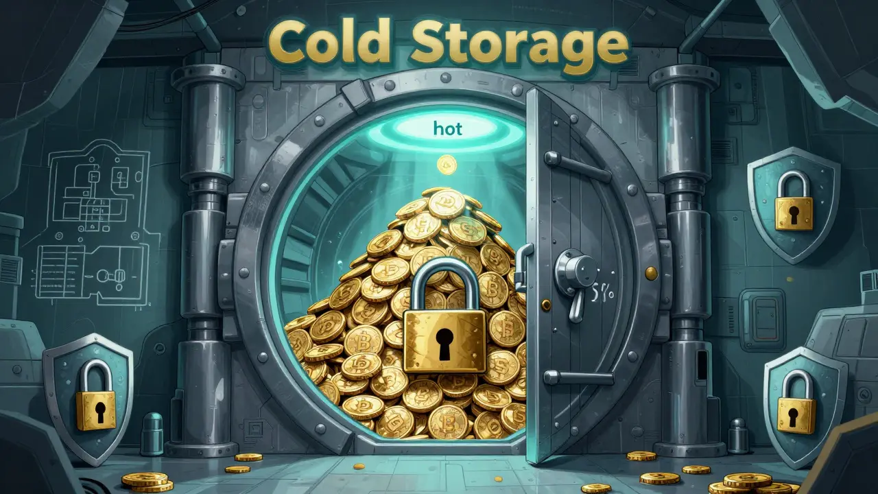 A high-tech underground vault storing the majority of crypto assets in cold storage.