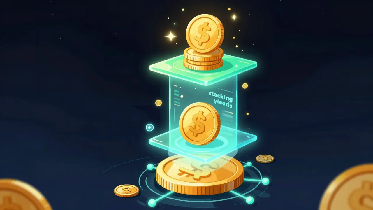 A holographic tower showing a single asset earning multiple layers of rewards in DeFi.