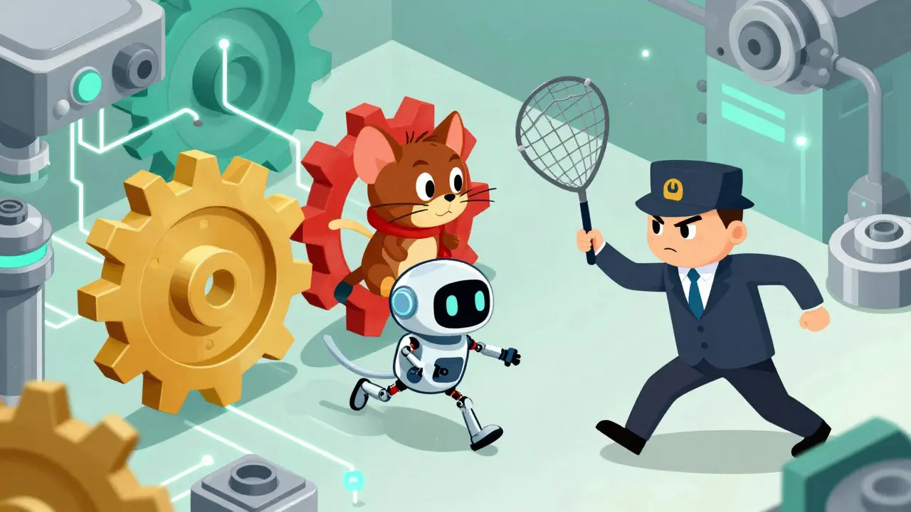 A robot evading a regulator inside a complex machine of glowing DeFi gears.