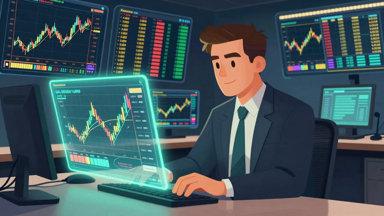 A trader using futuristic holographic charts in a high-tech cockpit.