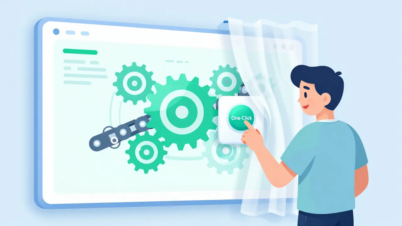 A user tapping a simple button while complex blockchain gears are hidden behind a curtain