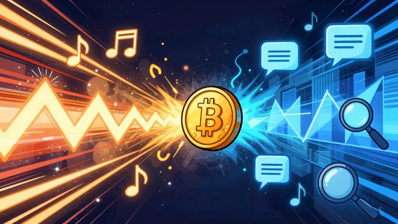 Abstract streams of hype and analysis converging on a central digital coin token.