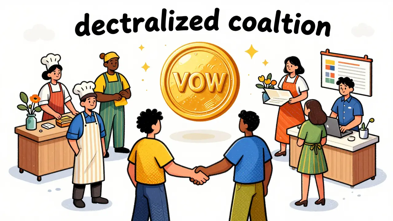 Business owners shaking hands around a floating VOW token symbol