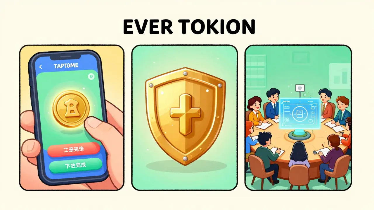 Cartoon depiction of EVER token uses: gaming micropayments, network security, and DAO governance voting.