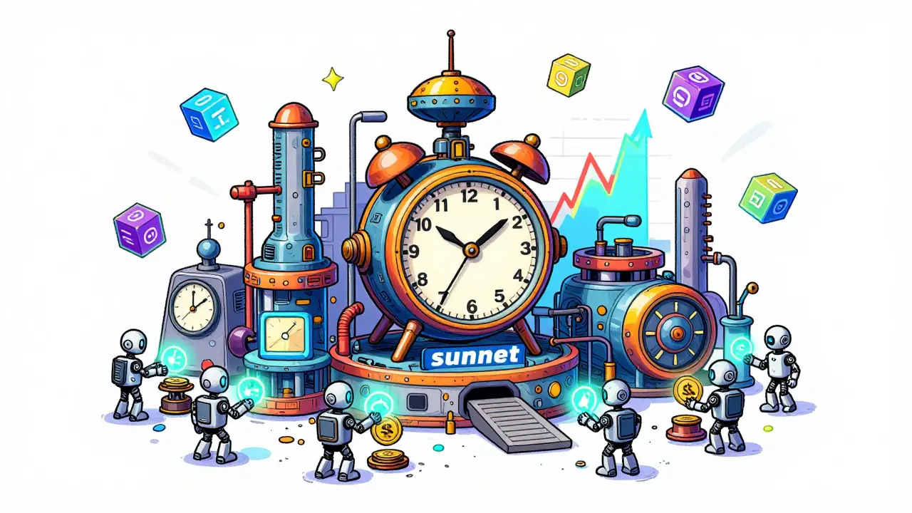 Cartoon robots trading data cubes for tokens in a colorful machine learning factory