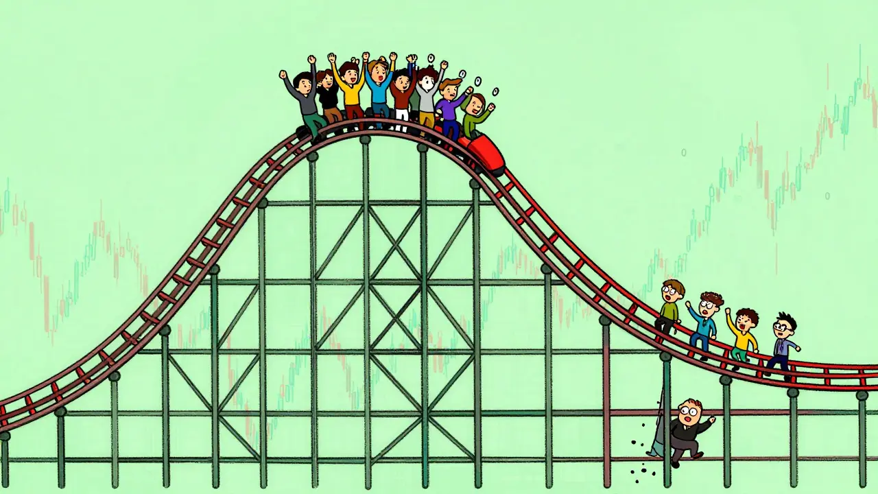 Cartoon roller-coaster track shaped like a volatile crypto price chart.