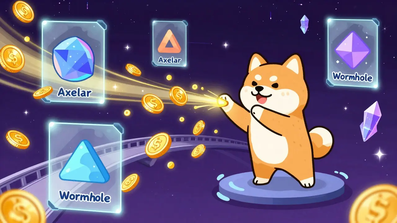 Cartoon Shiba Inu directing gold coins through glowing cosmic portals.