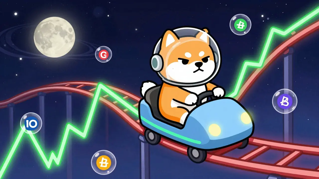 Cartoon Shiba Inu riding a volatile price chart rollercoaster in space.