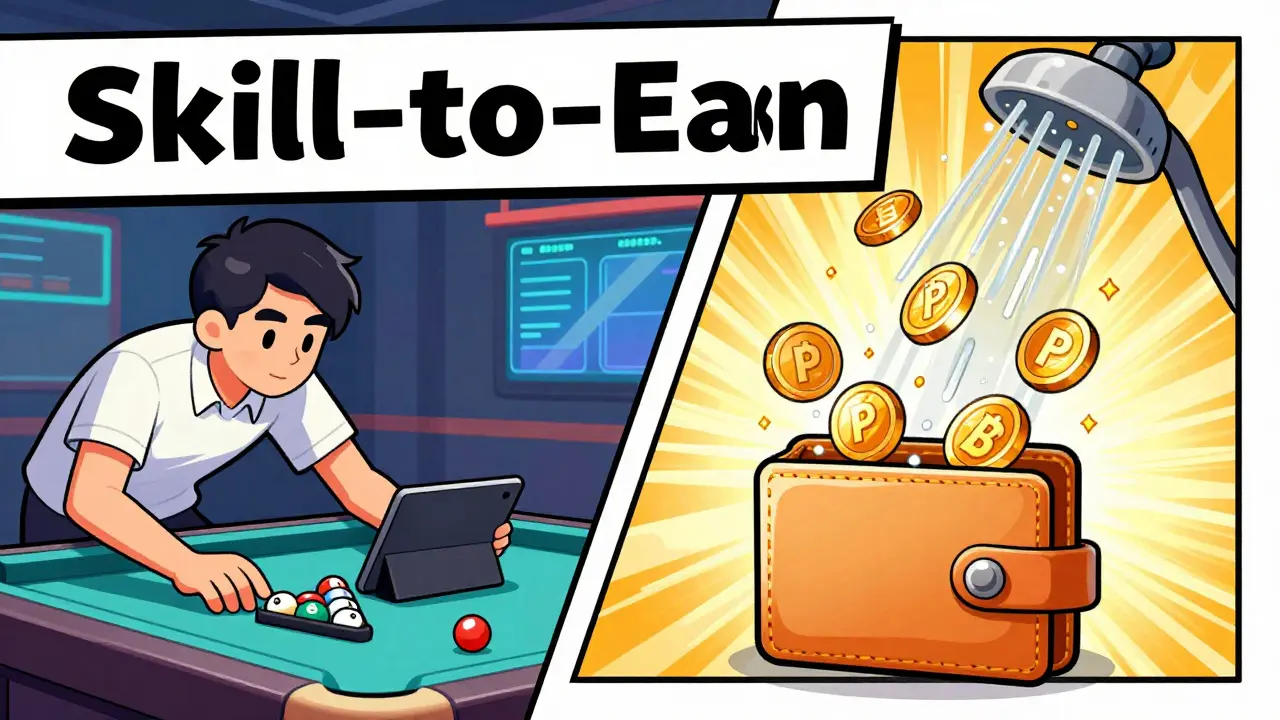 Cartoon showing a person playing pool and receiving digital tokens as rewards.