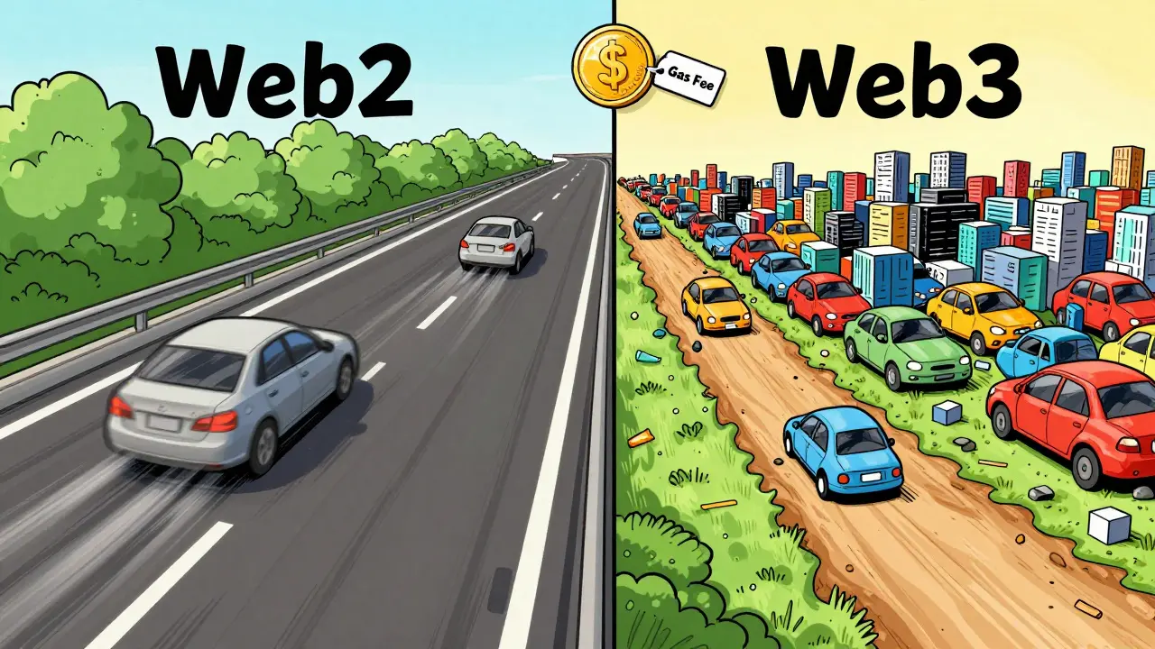 Comparison between a fast Web2 highway and a congested Web3 road with gas fees
