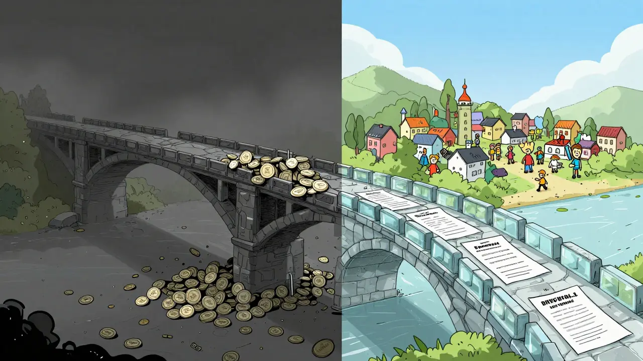 Comparison of a fragile WSPP token bridge versus a sturdy legitimate charity bridge.