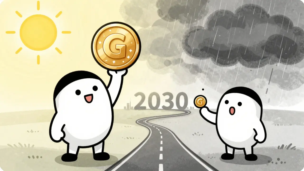 Comparison of a large token and a tiny token with a road leading to 2030.