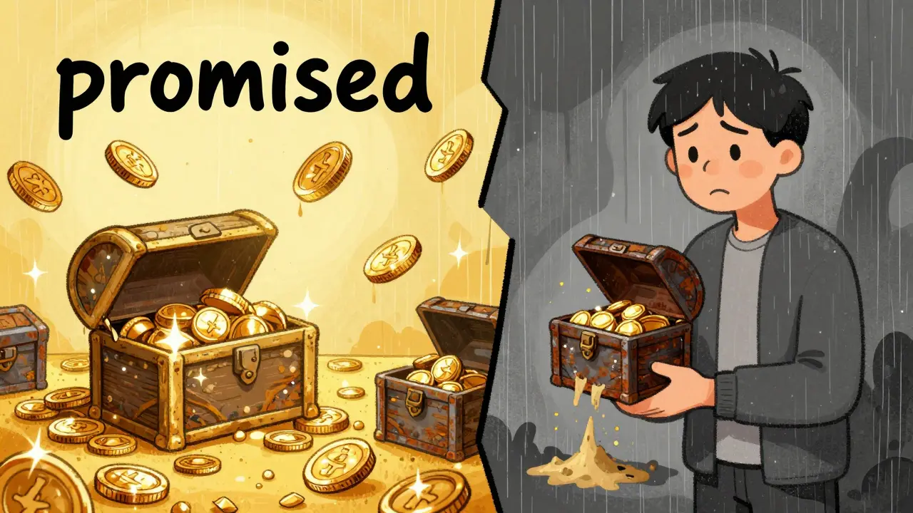 Comparison of a sparkling golden chest versus a rusted chest leaking sand