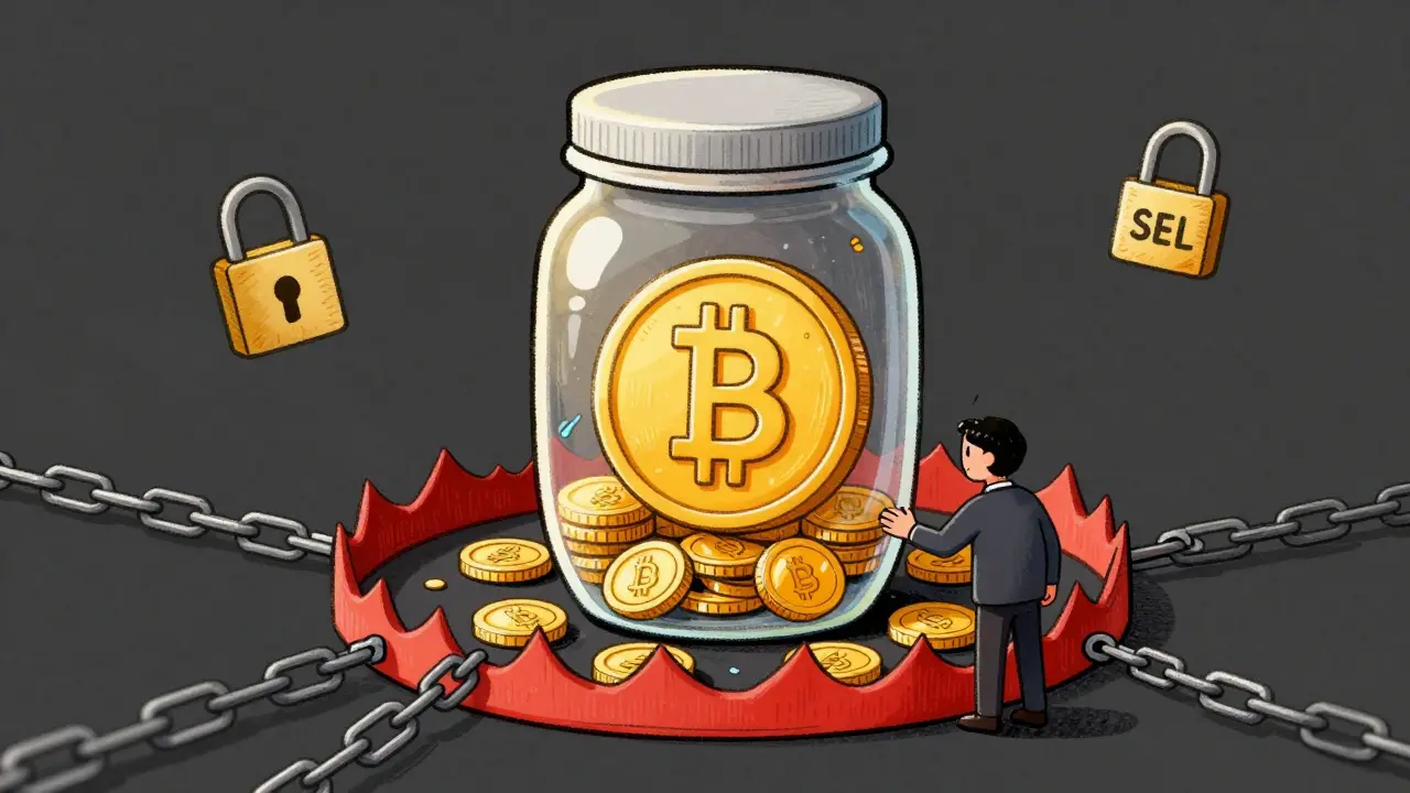 Digital illustration of a crypto honeypot trap with gold coins and chains.