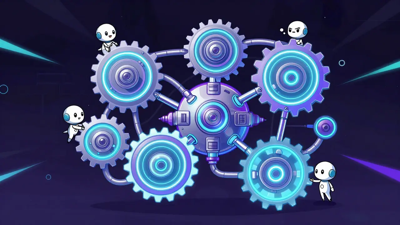 Futuristic machine with glowing gears and robots representing DeFi architecture.