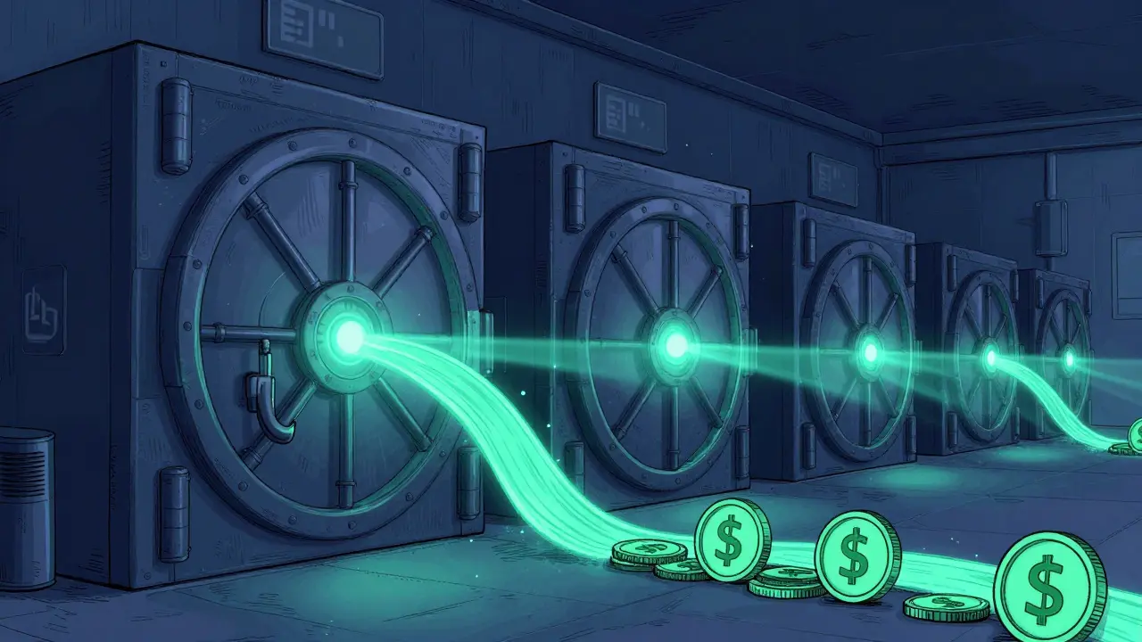 High-tech institutional security vaults protecting Bitcoin collateral for stablecoins.