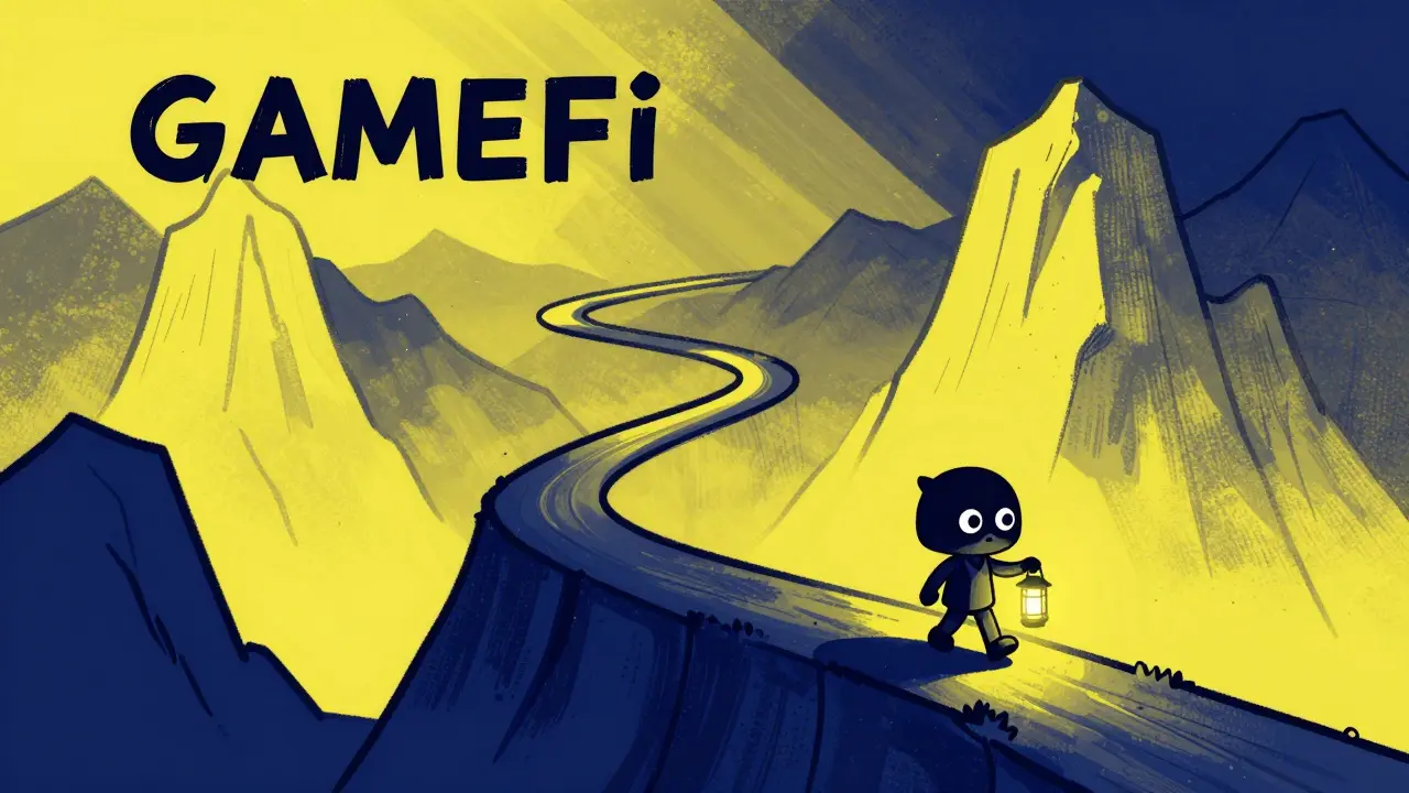 Illustration of a character walking along a volatile price chart mountain path.