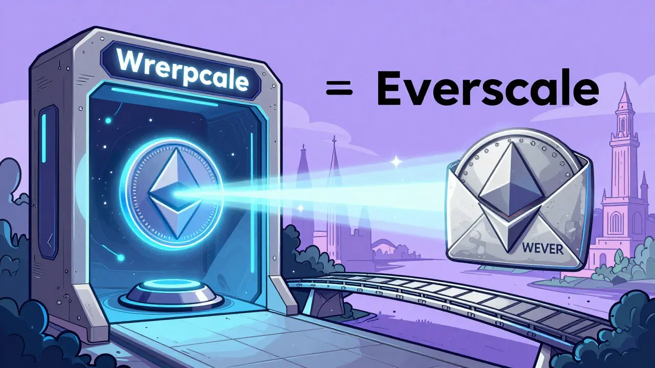 Illustration of a digital bridge wrapping EVER tokens into WEVER tokens to move between two blockchain worlds.