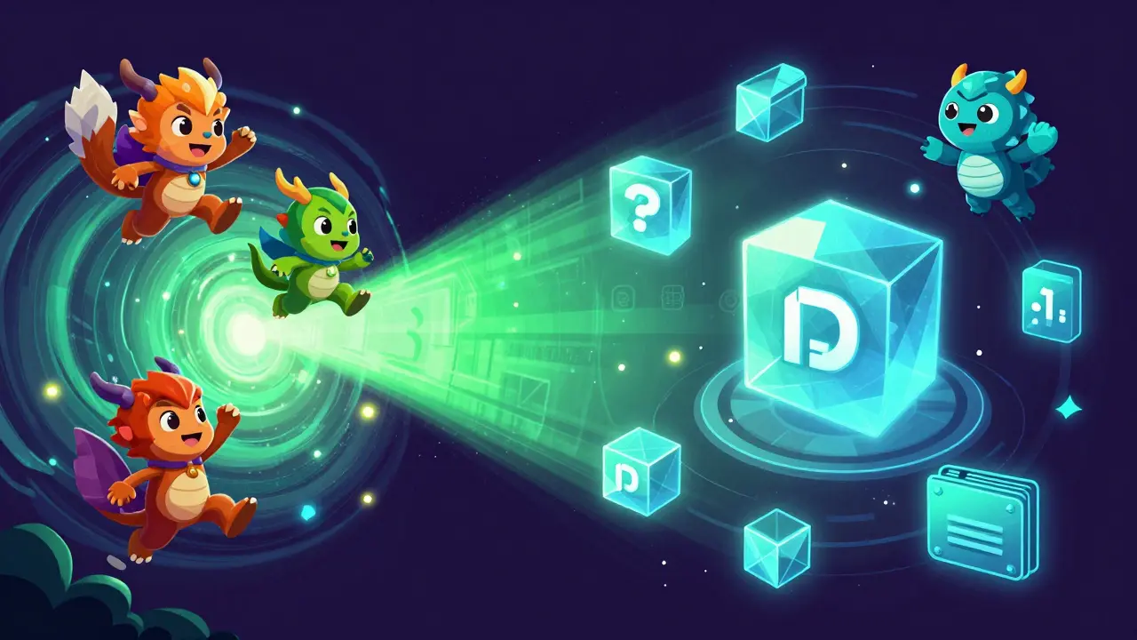 Illustration showing the transition from crypto gaming characters to DeFi financial structures.