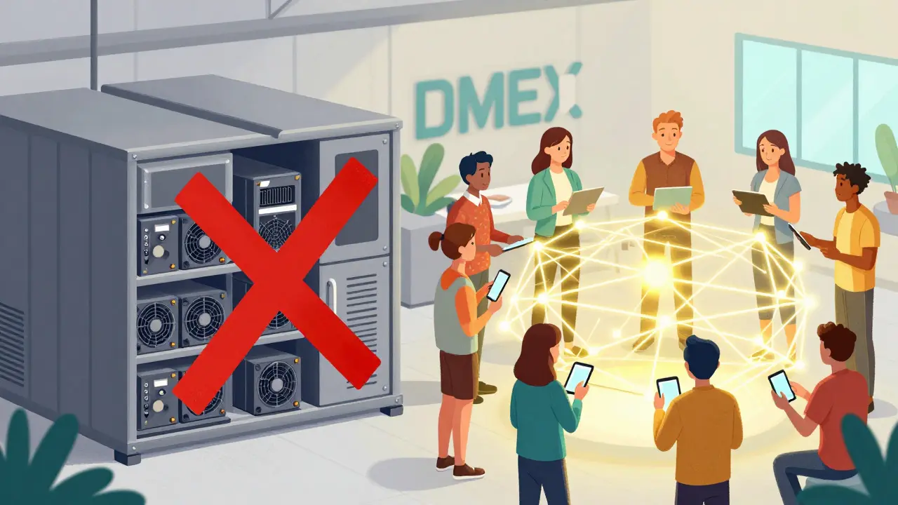 Illustration showing the transition from heavy mining hardware to a decentralized digital network