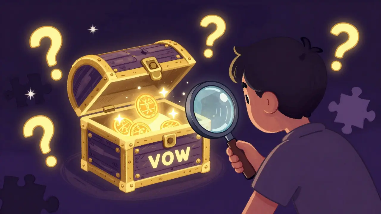 Person using a magnifying glass to inspect a mysterious VOW token chest