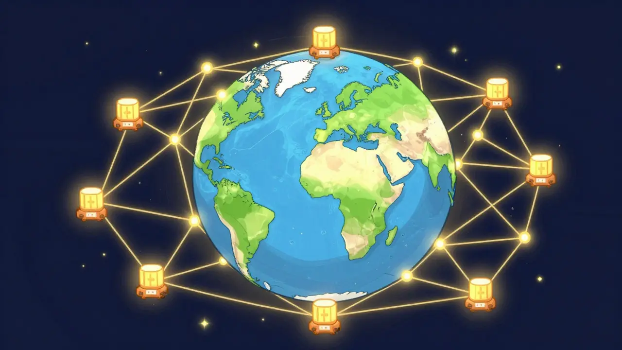 Stylized globe with golden network lines connecting mining hubs worldwide.