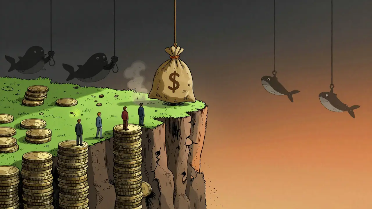 Tiny investors watch large sacks of coins dropped by shadowy figures on unstable ground.