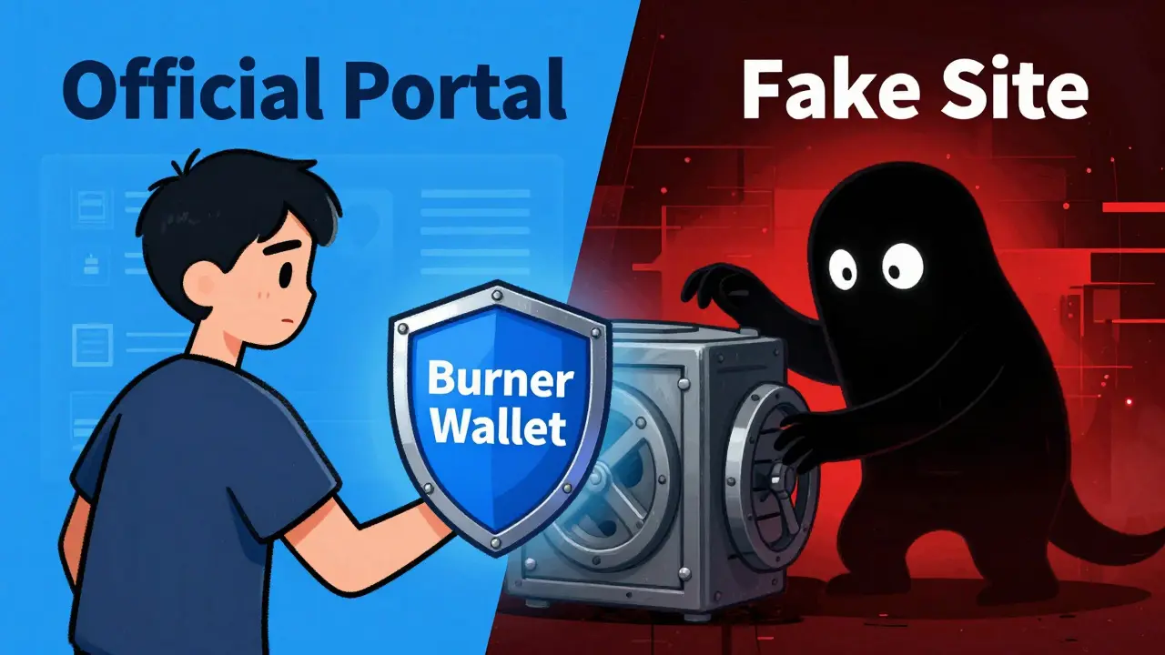 User using a burner wallet as a shield against a digital scammer monster